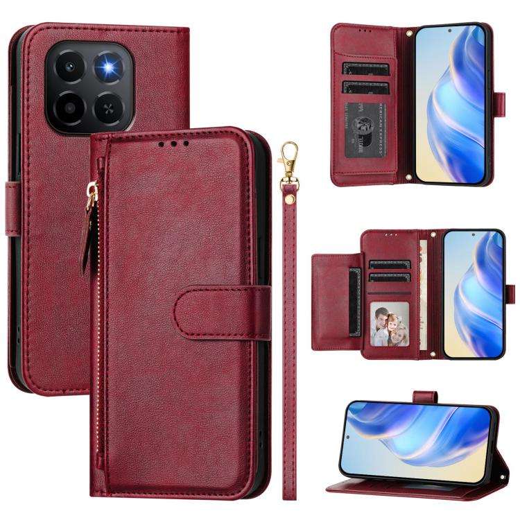 For Honor X6c 4G Multi-Card Slots Zipper Wallet Leather Phone Case(Dark Red)
