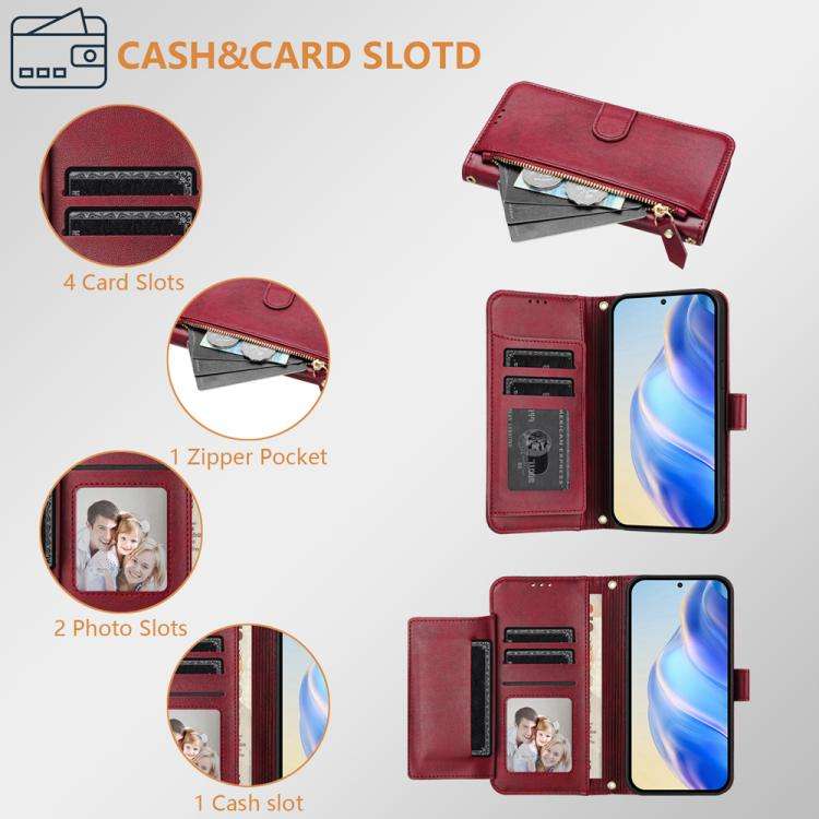 For Honor X6c 4G Multi-Card Slots Zipper Wallet Leather Phone Case(Dark Red)