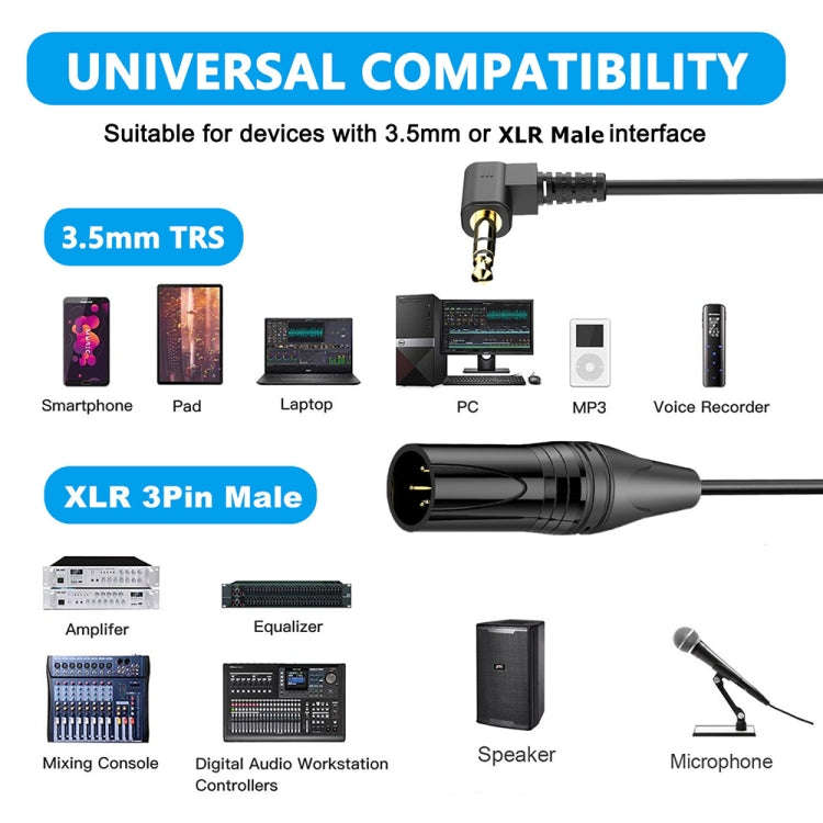 3.5mm to XLR Male Gold Plated Connector Copper Core Right Angle Coiled Audio Cable, Length: 0.5m