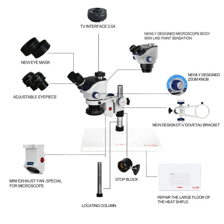 Kaisi TX-350E Ver1.3 7X-50X Zoom Trinocular Stereo Microscope with Big Base & 4K Camera