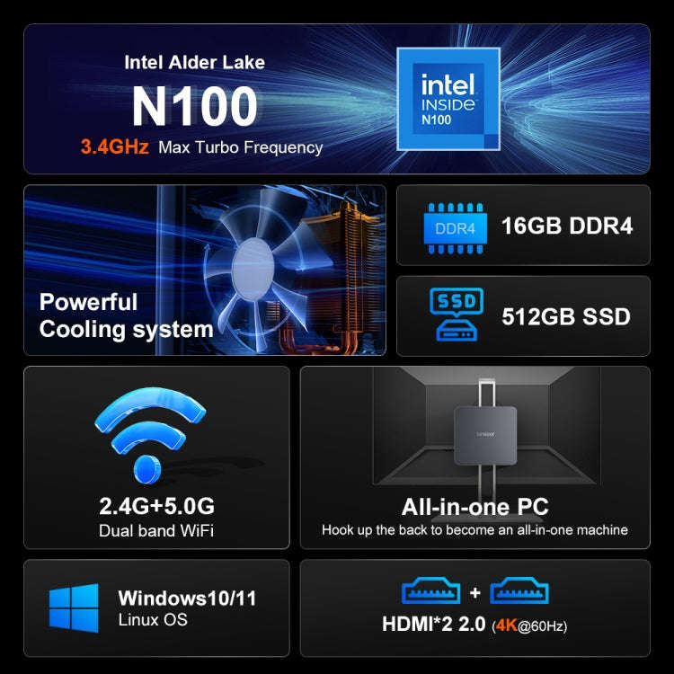 Ninkear N10 Windows 11 Bluetooth 4.2 Mini PC, 16GB+512GB, Intel Processor N100 Alder Lake-N(US Plug)