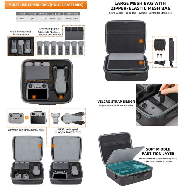 For DJI Air 3S / Air 3 Sunnylife Carrying Case Bag, Model:A3-B659 Simplified Bag