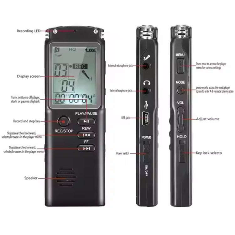 T60 Smart HD Noise Cancelling Voice Recorder MP3 Player, Memory:8GB(Black)