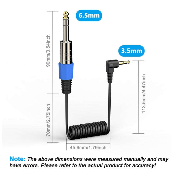 6.5mm to 3.5mm Elbow Guitar Loudspeaker Coiled 6.35mm Audio Cable, Length: 0.5m(Black)