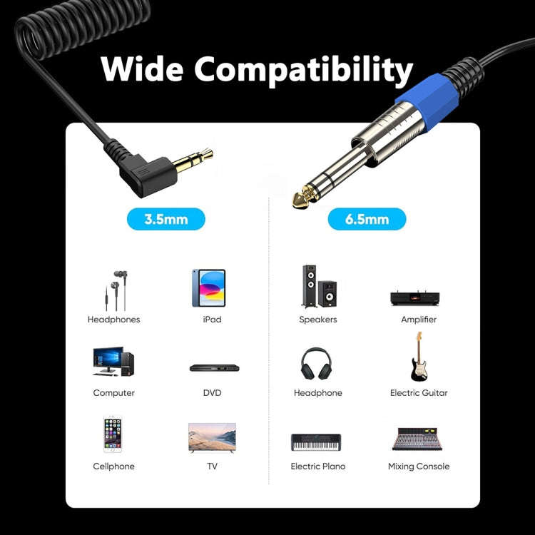 6.5mm to 3.5mm Elbow Guitar Loudspeaker Coiled 6.35mm Audio Cable, Length: 0.5m(Black)