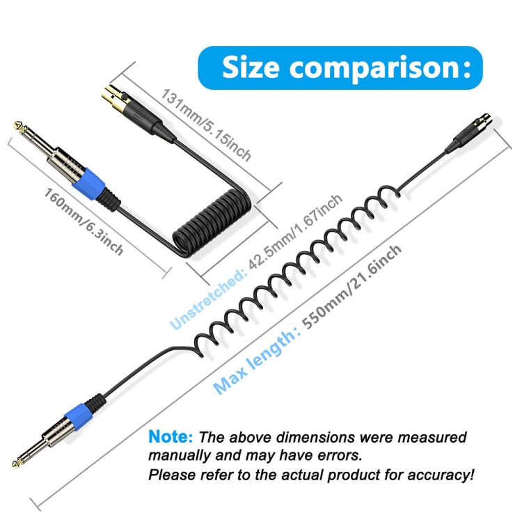 Mini 4 Pin XLR to 6.35mm Stereo Microphone Aux Audio Cable Coiled Adapter Cable, Length: 0.5m(Black)