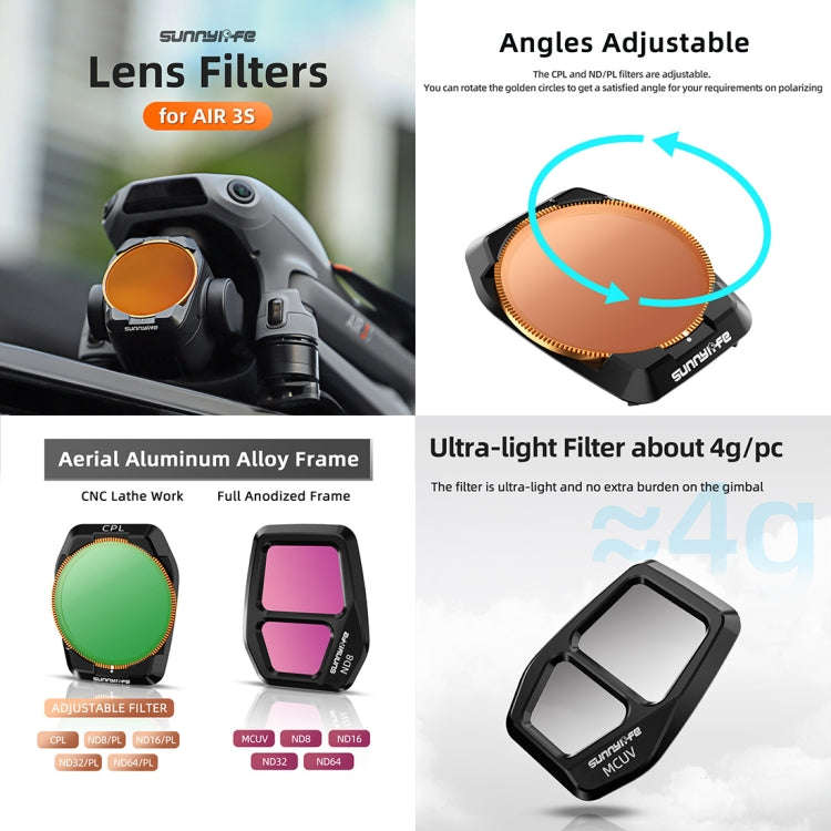 For DJI Air 3S Sunnylife Camera Lens Filter, Filter:4 in 1 UV CPL ND32 ND64