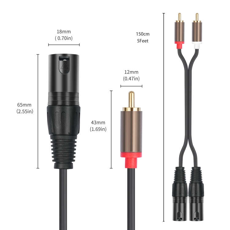 2 RCA Male to 2 XLR Male Audio Balance Cable, Length:1.5m(Black)