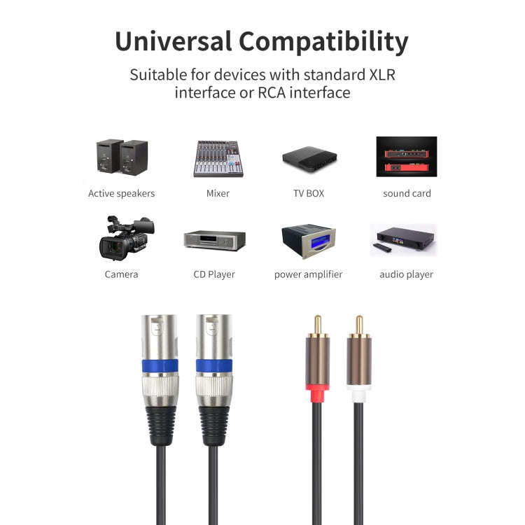 2 RCA Male to 2 XLR 3pin Male Audio Cable, Length:3m(Black Silver)