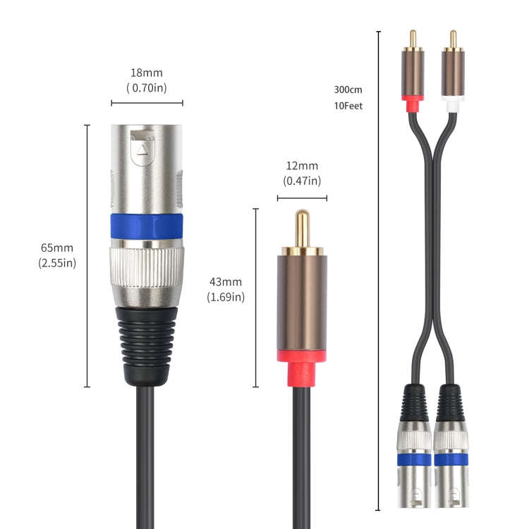 2 RCA Male to 2 XLR 3pin Male Audio Cable, Length:3m(Black Silver)