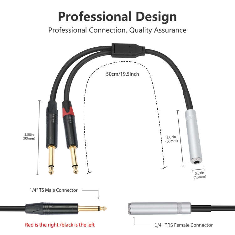 6.35mm 1/4 TRS Stereo Female to Dual Male Y-type Audio Cable, Length:50cm