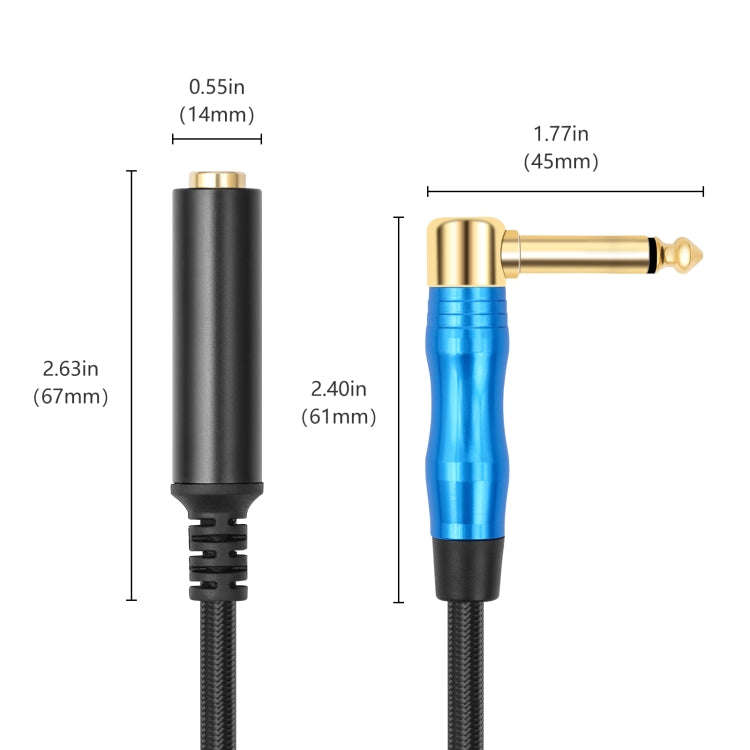 6.35mm 1/4 TRS Male Mono Elbow to Female Electric Guitar Audio Cable, Length:0.3m(Black Blue)