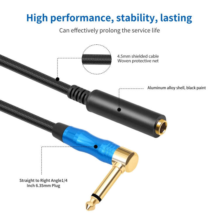 6.35mm 1/4 TRS Male Mono Elbow to Female Electric Guitar Audio Cable, Length:0.3m(Black Blue)