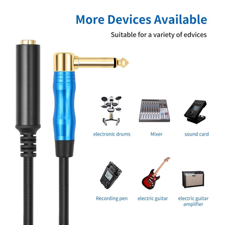 6.35mm 1/4 TRS Male Mono Elbow to Female Electric Guitar Audio Cable, Length:0.3m(Black Blue)