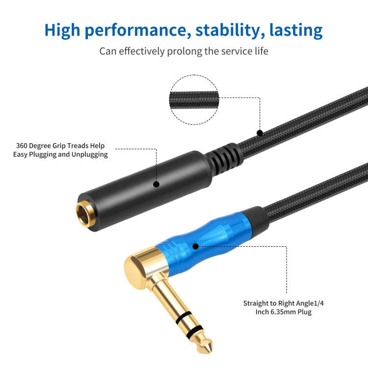 6.35mm 1/4 TRS Male Stereo Elbow to Female Electric Guitar Audio Cable, Length:1.8m(Black Blue)