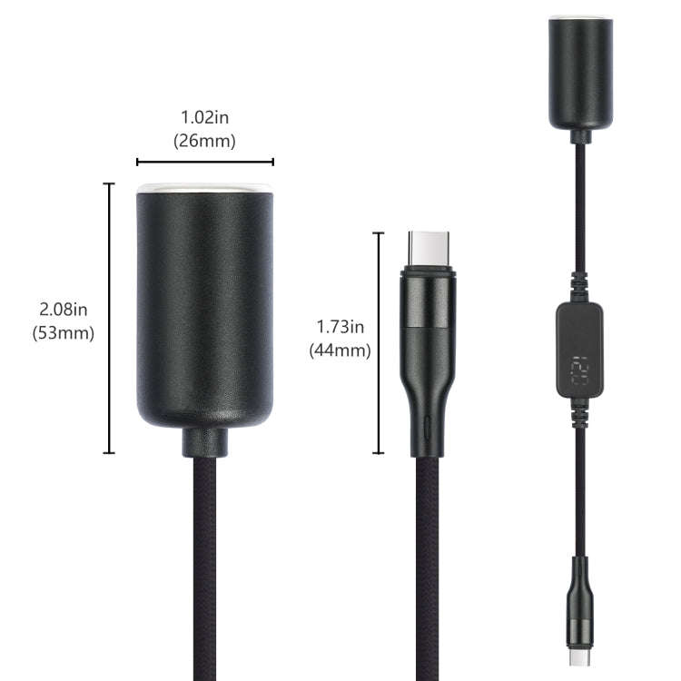 Type-C 5V to 12V Car Cigarette Lighter Socket Boost Cable with Voltage Display, Length:1m(Black)