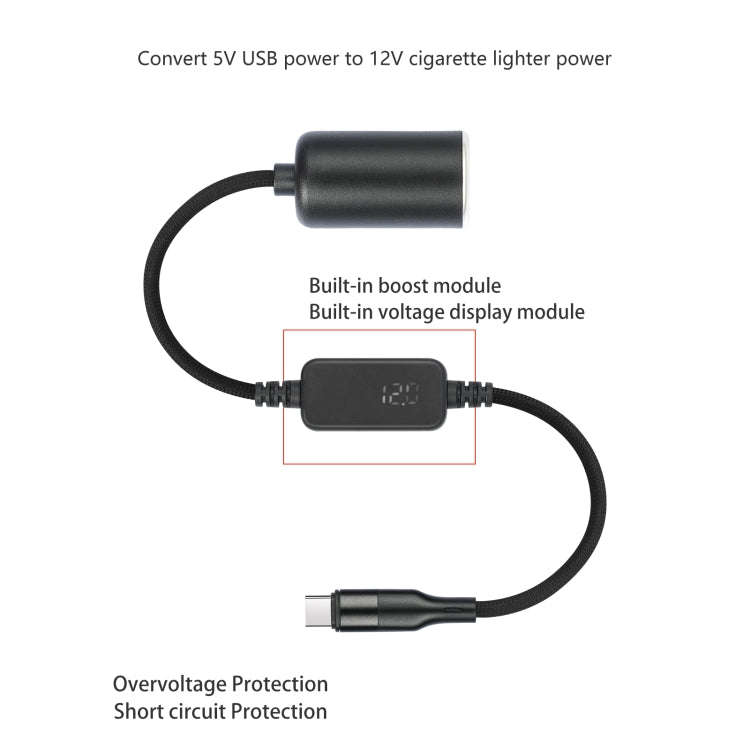 Type-C 5V to 12V Car Cigarette Lighter Socket Boost Cable with Voltage Display, Length:1m(Black)