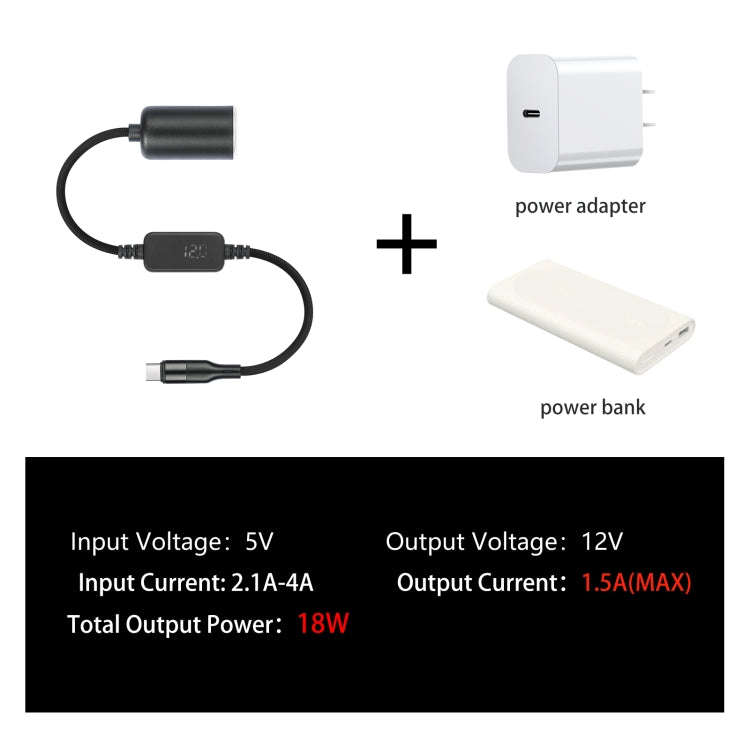 Type-C 5V to 12V Car Cigarette Lighter Socket Boost Cable with Voltage Display, Length:1m(Black)