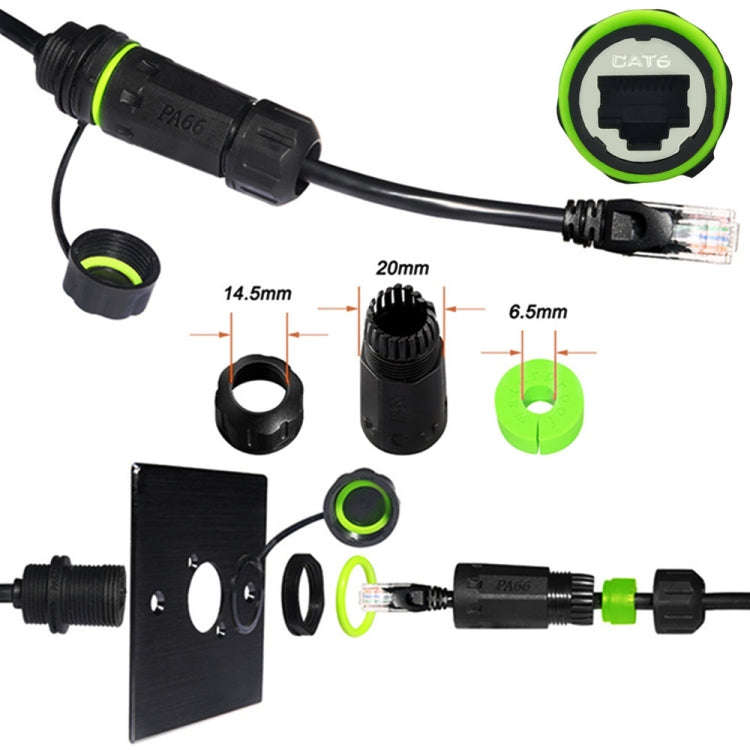 25cm RJ45 8P8C Male to Female IP68 CAT6 Ethernet Connector(Black)