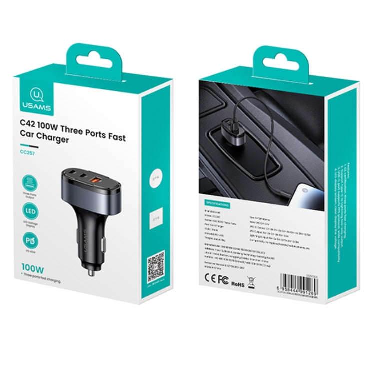 USAMS CC257 C42 100W USB, Type-C, 8 Pin Three Ports Car Fast Charger(Black)