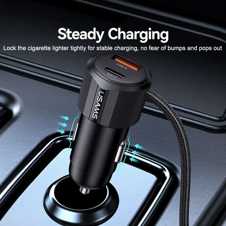 USAMS CC287 YT Series 66W USB and Type-C Dual Ports Car Fast Charger with 2 in 1 Cable(Black)