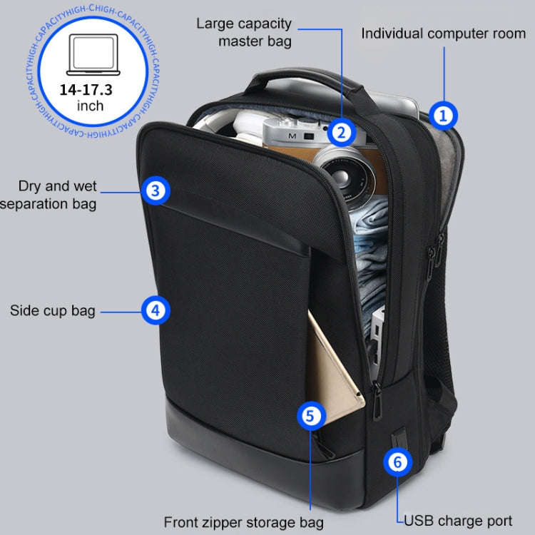 18 inch Multifunctional Large Capacity Waterproof Double-Shoulder Backpack with USB Interface(Black)