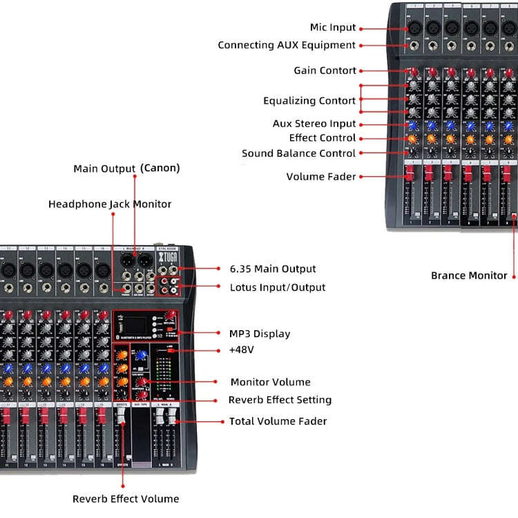 XTUGA CT60X 6-Channels Audio Mixer DJ Mixing Console with 48V Power Supply(AU Plug)