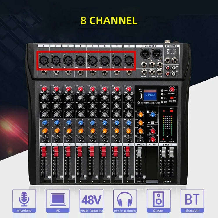 XTUGA CT80X 8-Channels Audio Mixer DJ Mixing Console with 48V Power Supply(US Plug)
