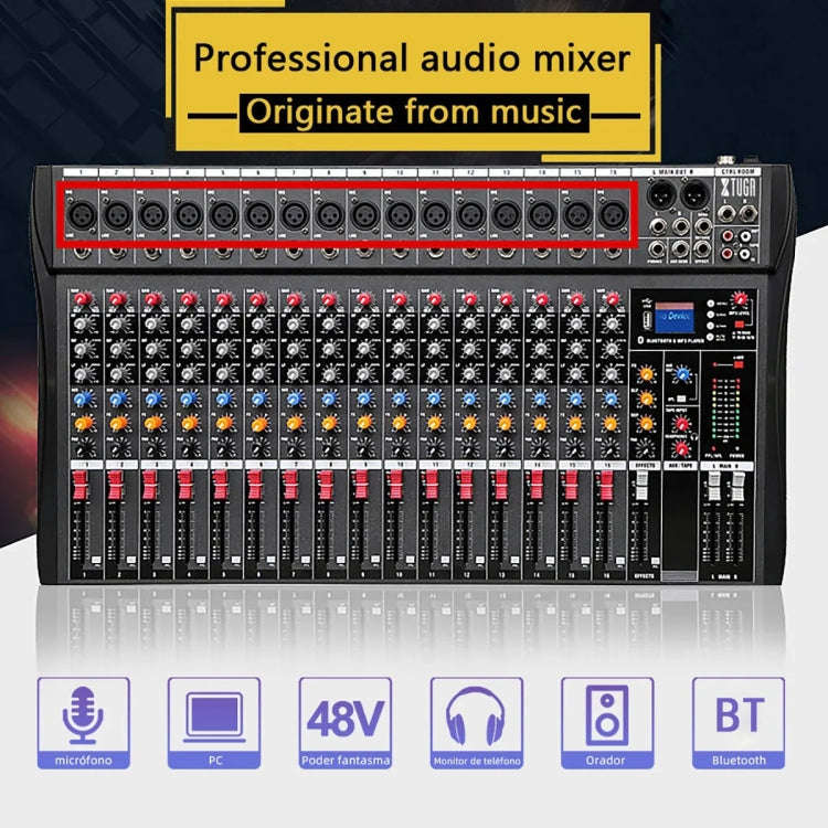 XTUGA CT160X 16-Channels Audio Mixer DJ Mixing Console with 48V Power Supply(EU Plug)