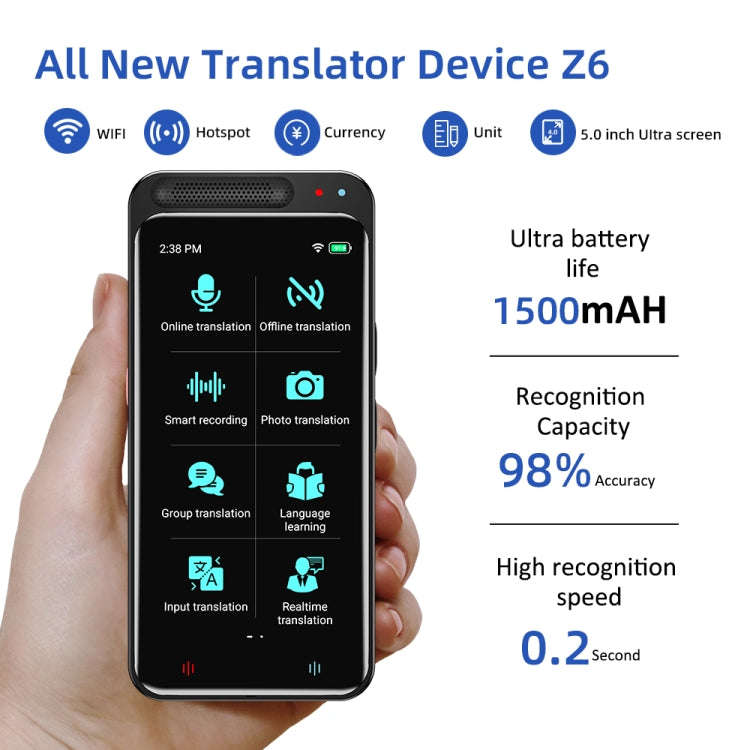VORMOR Z6 5.0 inch HD Touch Screen Smart AI Translator 139 Languages with Offline Translation / P...