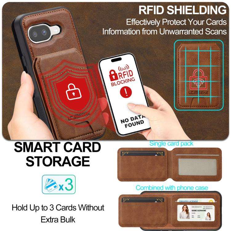 For Google Pixel 9a LC.IMEEKE L3 Series Detachable RFID Card Bag Magsafe Phone Case(Brown)