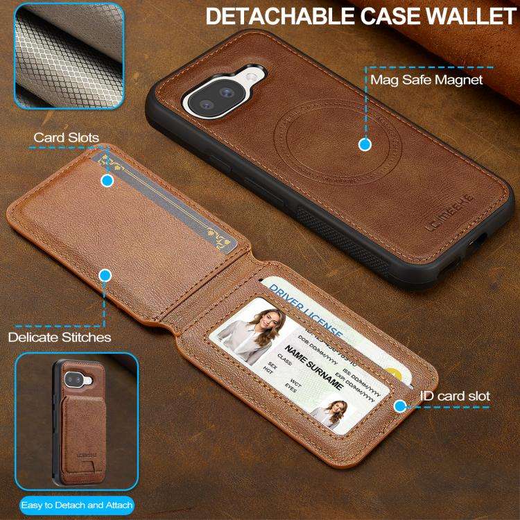 For Google Pixel 9a LC.IMEEKE L3 Series Detachable RFID Card Bag Magsafe Phone Case(Brown)