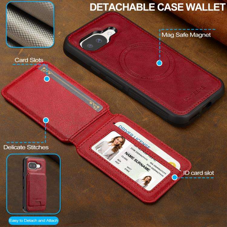 For Google Pixel 9a LC.IMEEKE L3 Series Detachable RFID Card Bag Magsafe Phone Case(Red)