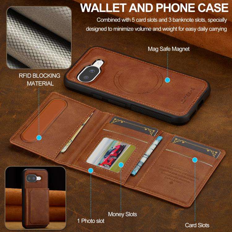 For Google Pixel 9a LC.IMEEKE L5 Series Detachable RFID Card Bag Magsafe Phone Case(Brown)