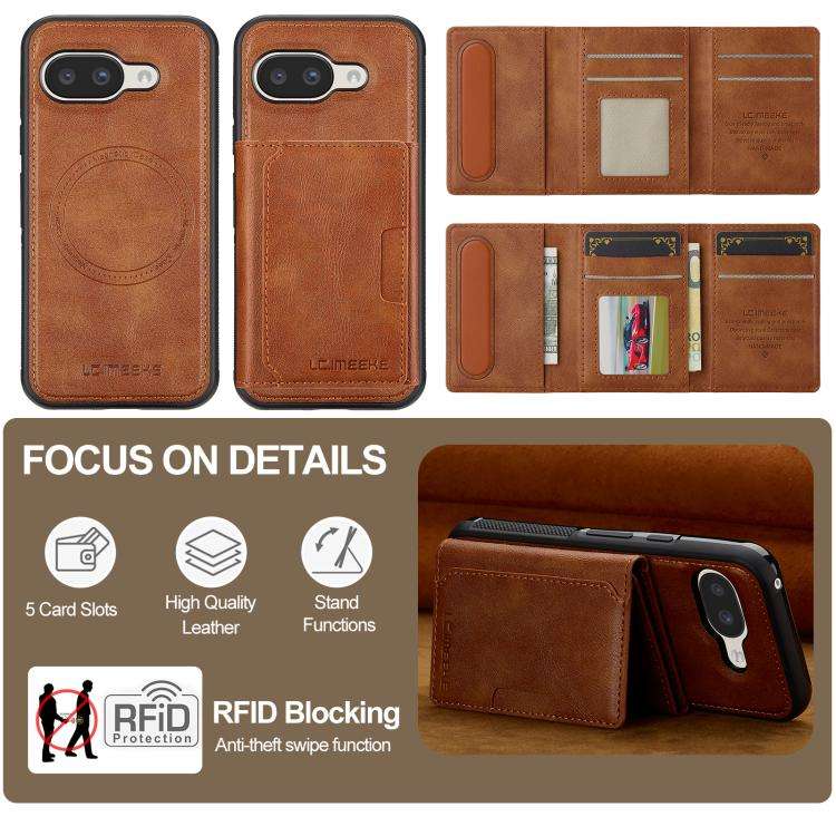 For Google Pixel 9a LC.IMEEKE L5 Series Detachable RFID Card Bag Magsafe Phone Case(Brown)