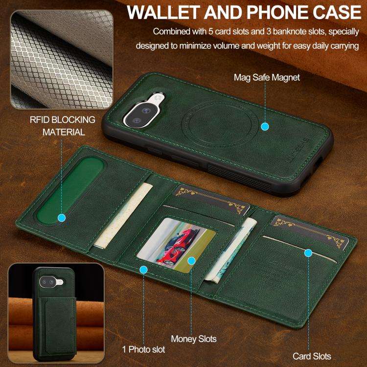 For Google Pixel 9a LC.IMEEKE L5 Series Detachable RFID Card Bag Magsafe Phone Case(Green)