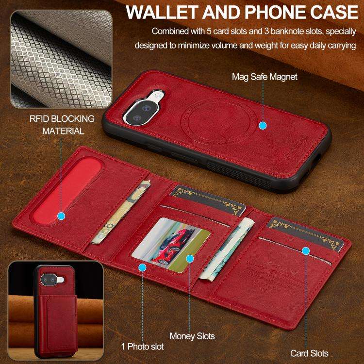 For Google Pixel 9a LC.IMEEKE L5 Series Detachable RFID Card Bag Magsafe Phone Case(Red)