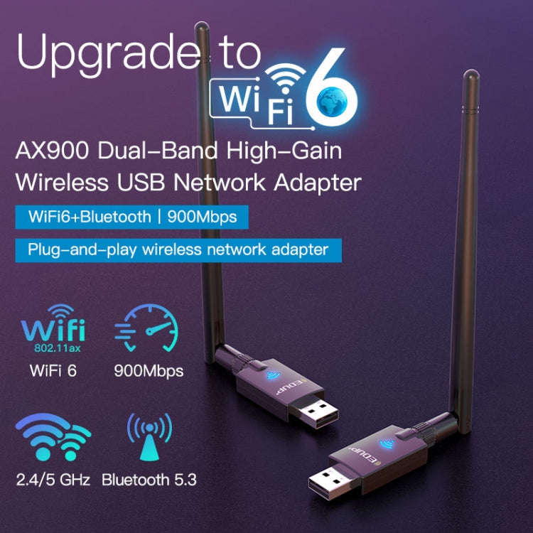 EDUP EP-AX900 900Mbps WiFi 6 Bluetooth 5.3 Dual-Band USB Wireless WiFi Adapter(Black)