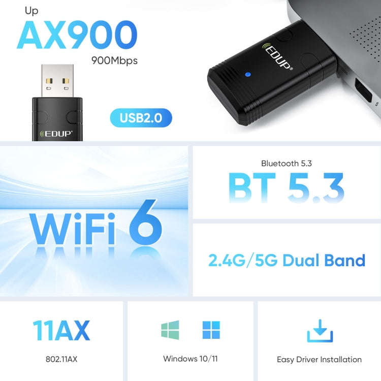EDUP EP-AX910 900Mbps WiFi 6 Bluetooth 5.3 USB WiFi Adapter Dual-Band Wireless Network Card(Black)