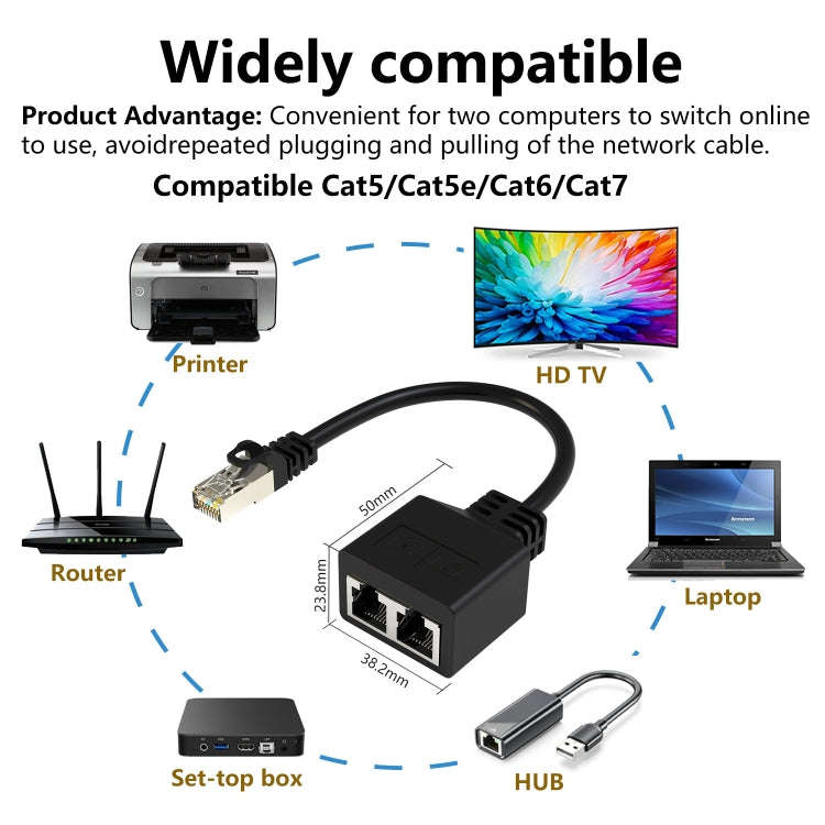 20cm Pair RJ45 CAT6 / CAT5 8 Pin Ethernet Cable Splitter 2 in 1 Network Extension Adapter(Black)