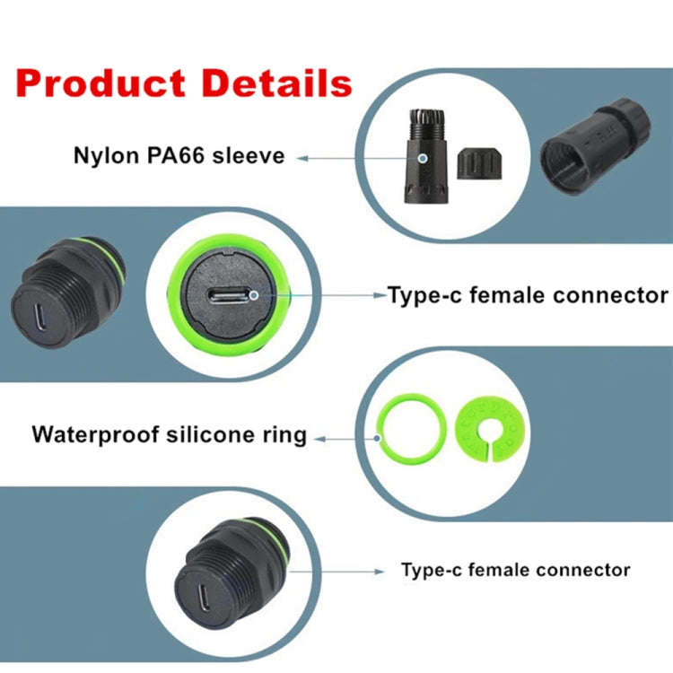10Gpbs IP68 Waterproof Single Port Type-C Female to Female Straight Coupler Adapter With Protecti...