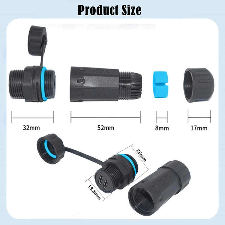 10Gpbs IP68 Waterproof Dual Ports Type-C Female to Female Straight Coupler Adapter With Protectiv...