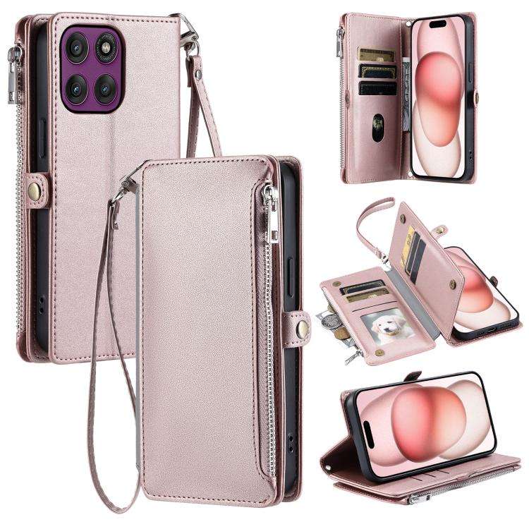 For Motorola Edge 60 Pro Leather Stitching Multi-card Slot Zipper Phone Case(Rose Gold)