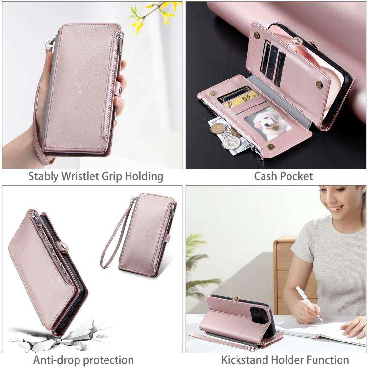 For Motorola Edge 60 Pro Leather Stitching Multi-card Slot Zipper Phone Case(Rose Gold)
