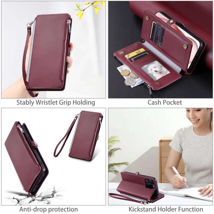 For Motorola Edge 60 Pro Leather Stitching Multi-card Slot Zipper Phone Case(Wine Red)