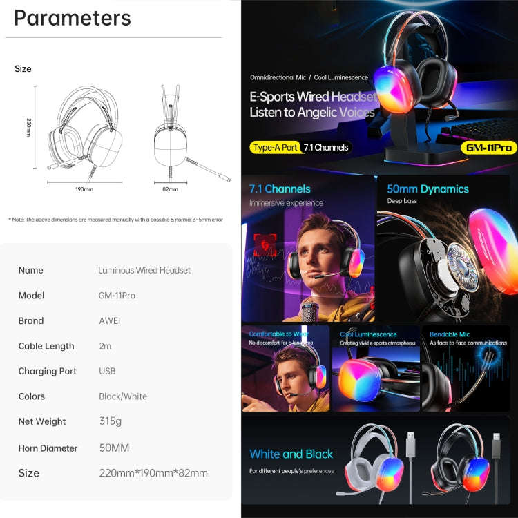 awei GM-11 Pro Luminous Wired Headphones, Cable Length: 2m(White)