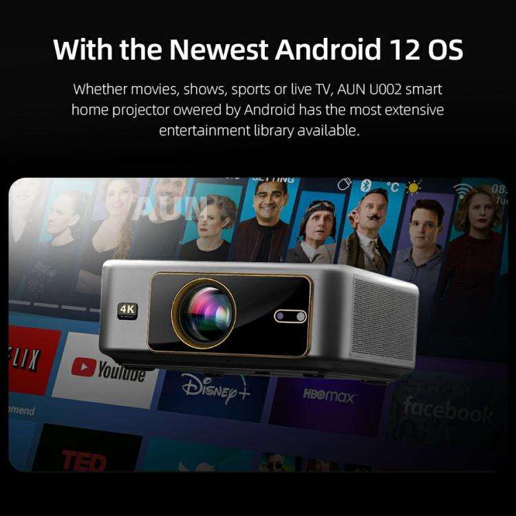 AUN U002 1920x1080P 970ANSI Android 12 Home Theater Smart Projector, EU Plug(Dark Grey)