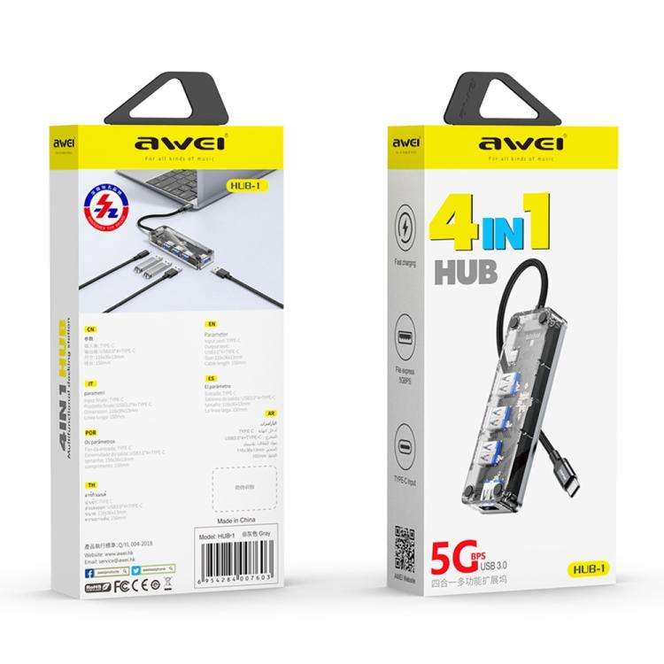 awei HUB-1 Multi-function 4 in 1 Type-C to USB 3.0 x 4 HUB Adapter(Grey)