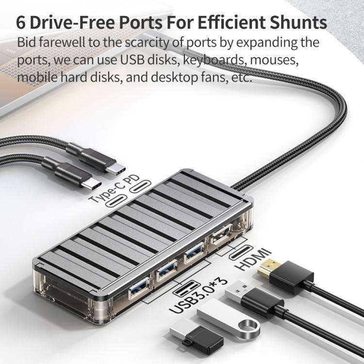awei HUB-2 Multi-function 6 in 1 Type-C HUB Adapter(Grey)