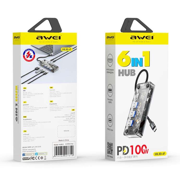 awei HUB-2 Multi-function 6 in 1 Type-C HUB Adapter(Grey)